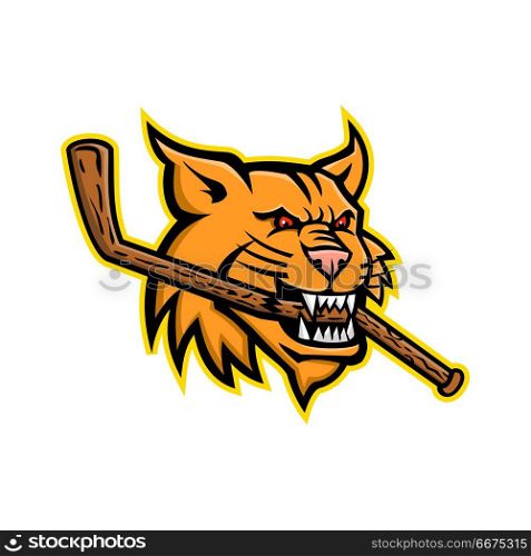 Bobcat Ice Hockey Mascot. Mascot icon illustration of head of a bobcat, a North American cat, biting a broken ice hockey stick viewed from side on isolated background in retro style.. Bobcat Ice Hockey Mascot