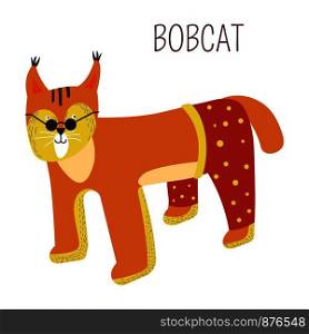 Bobcat in pants and sunlasses childish cartoon book character. Wild cat in polka-dor trousers and glasses. Humanized animal as imaginary creature for fairy tales isolated vector illustration.. Bobcat in pants and sunlasses childish character