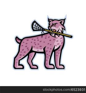 Bobcat or Lynx Lacrosse Mascot. Sports mascot icon illustration of a lynx, Canada lynx, Eurasian lynx or Bobcat biting a lacrosse stick viewed from side on isolated background in retro style.. Bobcat or Lynx Lacrosse Mascot