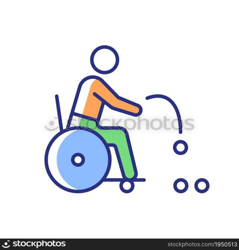 Boccia RGB color icon. Precision ball throwing sport. Individual and team competitive game. Sportsman with physical disability. Isolated vector illustration. Simple filled line drawing. Boccia RGB color icon