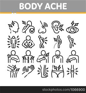 Body Ache Collection Elements Icons Set Vector Thin Line. Headache And Toothache, Backache And Arthritis, Stomach And Muscle Ache, Eye And Foot Pain Linear Pictograms. Monochrome Contour Illustrations. Body Ache Collection Elements Icons Set Vector