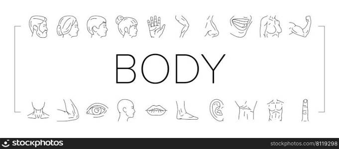 Body And Facial People Parts Icons Set Vector. Female And Male, Kid And Adult Face, Wrist And Arm Muscle, Breast And Leg Human Body Line. Lip And Nose, Eyebrow And Eye Black Contour Illustrations. Body And Facial People Parts Icons Set Vector