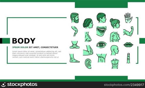 Body And Facial People Parts Landing Web Page Header Banner Template Vector. Female And Male, Kid And Adult Face, Wrist And Arm Muscle, Breast Leg Human Body. Lip And Nose, Eyebrow Eye Illustration. Body And Facial People Parts Landing Header Vector