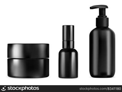 Body care cosmetic bottle set. Black sh&oo dispenser, gel or soap product blank. Men hygiene packaging design. Moisturizer cream jar, shower and spa beauty products mockup, vector. Body care cosmetic bottle set, Gel, cream, soap, lotion