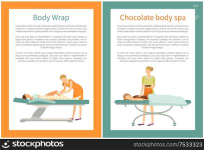 Body chocolate spa and wrap of legs, women lying on special table and relaxing. Procedures done by experts in cosmetology in beauty salon, vector posters. Body Chocolate Spa and Wrap of Legs, Women Vector