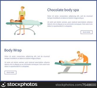 Body chocolate spa and wrap of legs, women lying on table and relaxing. Procedures done by experts in cosmetology in beauty salon, vector web posters. Body Chocolate Spa and Wrap of Legs, Women Vector