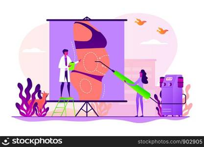Body contouring, coolsculpting reconstruction. Surgeon and nurse characters consulting patient. Liposuction, lipo procedure, fat removal surgery concept. Vector isolated concept creative illustration. Liposuction concept vector illustration