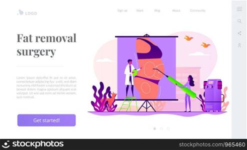 Body contouring, coolsculpting reconstruction. Surgeon and nurse characters consulting patient. Liposuction, lipo procedure, fat removal surgery concept. Website homepage header landing web page template.. Liposuction concept landing page