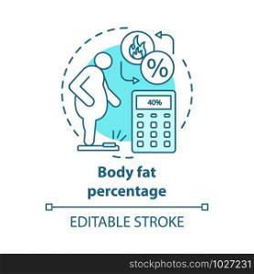 Body fat level control concept icon. Overweight patient on scales idea thin line illustration. Person suffering from obesity. Fat percent calculator. Vector isolated outline drawing. Editable stroke
