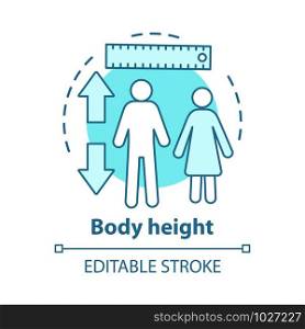 Body height parameters concept icon. Checking growth rate with measuring tools idea thin line illustration. Controlling male, female height. Vector isolated outline drawing. Editable stroke
