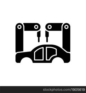 Body-in-white manufacturing black glyph icon. Assembling car body. Manufacturing stage. Automated production. Robot application. Silhouette symbol on white space. Vector isolated illustration. Body-in-white manufacturing black glyph icon