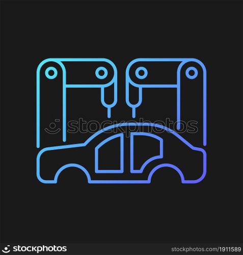 Body-in-white manufacturing gradient vector icon for dark theme. Assembling car body. Automotive manufacturing stage. Thin line color symbol. Modern style pictogram. Vector isolated outline drawing. Body-in-white manufacturing gradient vector icon for dark theme