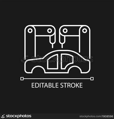 Body-in-white manufacturing white linear icon for dark theme. Automotive manufacturing stage. Thin line customizable illustration. Isolated vector contour symbol for night mode. Editable stroke. Body-in-white manufacturing white linear icon for dark theme