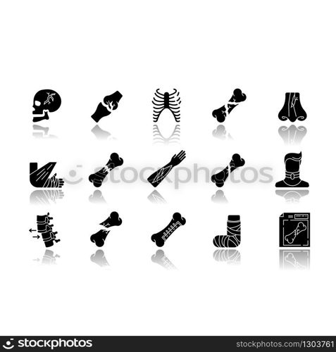 Body injuries drop shadow black glyph icons set. Broken arm, foot. Bone fractures. Neck and skull injury. Hurt limbs. Rib cage break. Rib cage break. Isolated vector illustrations on white space