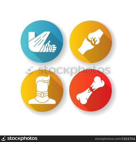 Body injuries flat design long shadow glyph icons set. Bone and joint fractures. Broken neck. Cervical collar. Arm in bandage, plaster. Medical condition. Treatment. Silhouette RGB color illustration