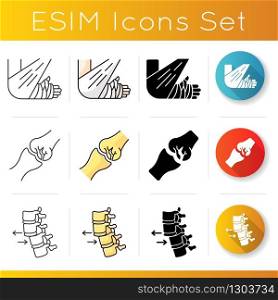 Body injuries icons set. Bone and joint fractures. Arm in bandage, plaster. Spine dislocation. Linear, black and RGB color styles. Linear black and RGB color styles. Isolated vector illustrationss