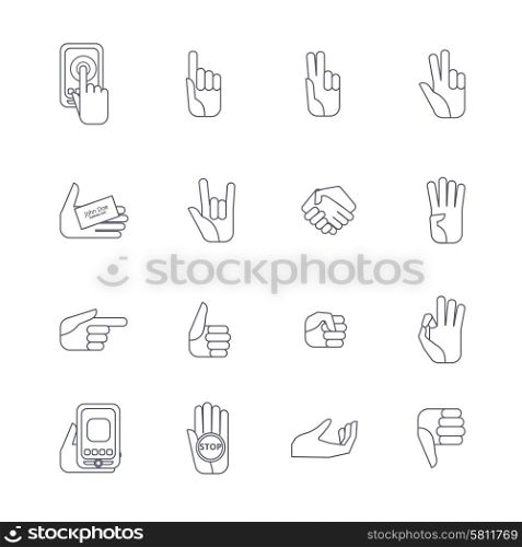 Body language hand gestures icons collection set for like dislike symbols outlined contour abstract isolated vector illustration. Hand icons set line contour