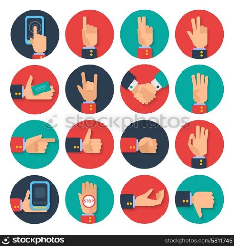 Body language hand gestures icons tablet apps set for business card sharing symbols flat abstract vector illustration. Hands icons set flat