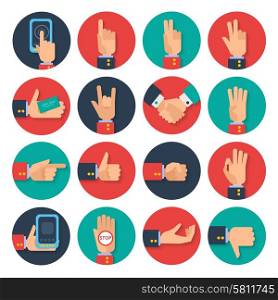 Body language hand gestures icons tablet apps set for business card sharing symbols flat abstract vector illustration. Hands icons set flat