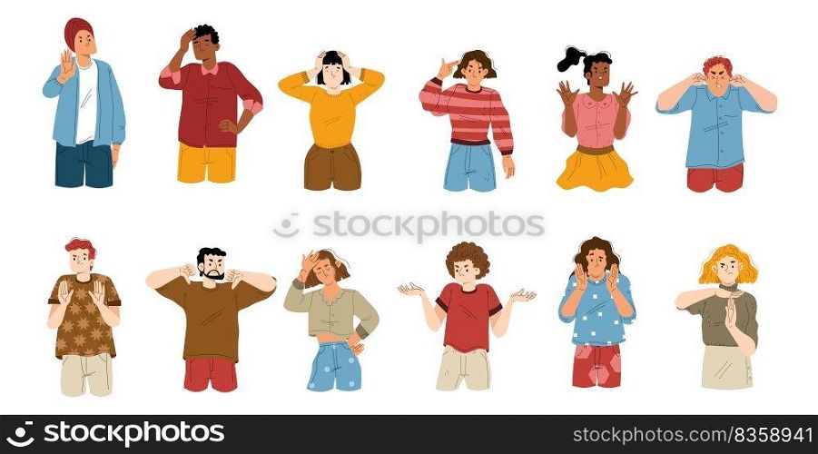 Body language, negative emotions concept. Characters show refuse, denial, no, ignore or stop gestures with hands. Diverse people expressing disagree feelings, Cartoon linear flat vector illustration. Diverse people express disagree feelings, emotions