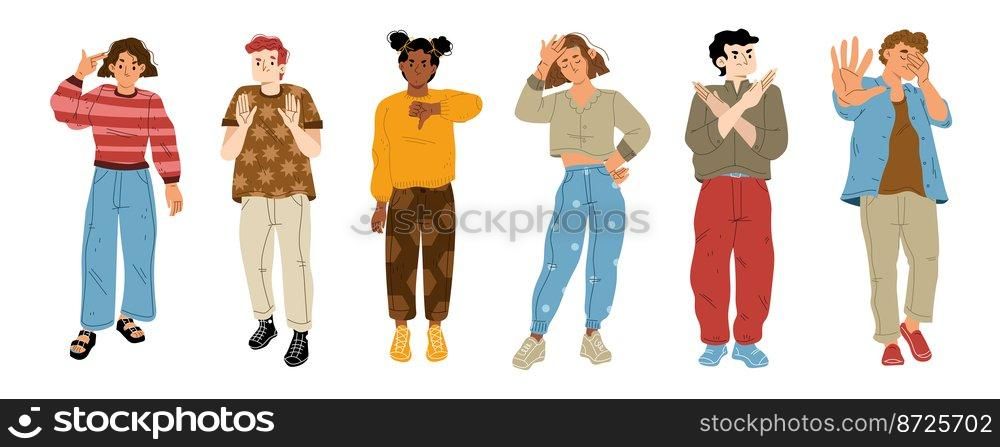 Body language, negative emotions concept. People characters show denial, refuse, ignore or stop gestures with hands expressing disagree communication feelings, Cartoon linear flat vector illustration. Body language, negative emotions, disagree concept