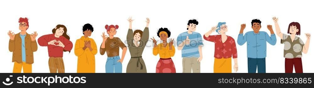 Body language, positive emotions, happiness. People showing gestures. Happy male and female characters show thumb up, ok symbol, victory, yeah and heart gesturing. Cartoon people vector illustration. Body language, positive emotions, happy gestures