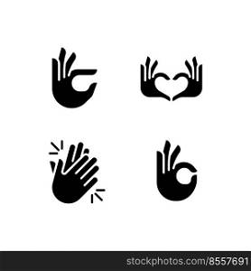 Body language signals black glyph icons set on white space. Hands gestures and emotion expression. Communication. Silhouette symbols. Solid pictogram pack. Vector isolated illustration. Body language signals black glyph icons set on white space