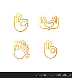 Body language signals pixel perfect gradient linear vector icons set. Hands gestures and expression. Communication. Thin line contour symbol designs bundle. Isolated outline illustrations collection. Body language signals pixel perfect gradient linear vector icons set