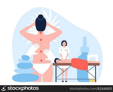 Body massage manipulations. Medicine treatment or rehabilitation on osteopath. Spa relaxing, wellness and back treatment. Chiropractor work vector concept of massage therapy physiotherapy illustration. Body massage manipulations. Medicine treatment or rehabilitation on osteopath. Spa relaxing, wellness and back treatment. Chiropractor work recent vector concept