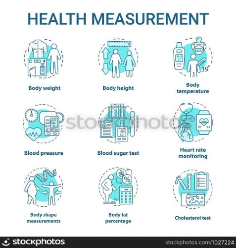Body measurement devices concept icons set. Body weight, height control idea thin line illustrations. Checking fat percentage, heart pressure rate. Vector isolated outline drawings. Editable stroke. Body measurement devices concept icons set. Body weight, height control idea thin line illustrations. Checking fat percentage, heart pressure rate. Vector isolated outline drawings. Editable stroke