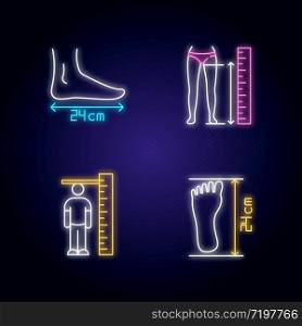 Body measurement neon light icons set. Inside leg, foot length and human height determination. Bespoke tailoring and shoemaking signs with outer glowing effect. Vector isolated RGB color illustrations