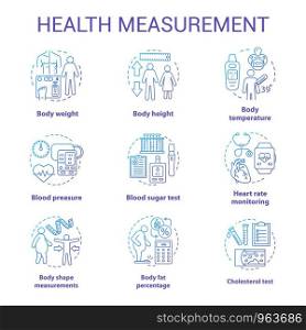 Body measurement tools concept icons set. Body weight, height control idea thin line illustrations. Checking cardiological parameters, heart rate. Vector isolated outline drawings. Editable stroke