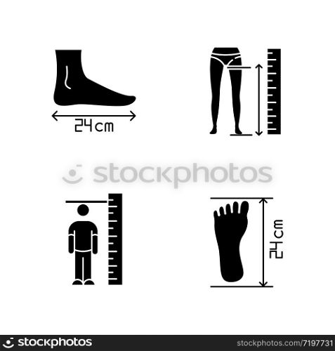 Body measurements black glyph icons set on white space. Inside leg, foot length and human height determination. Bespoke tailoring and shoemaking silhouette symbols. Vector isolated illustration