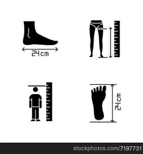 Body measurements black glyph icons set on white space. Inside leg, foot length and human height determination. Bespoke tailoring and shoemaking silhouette symbols. Vector isolated illustration