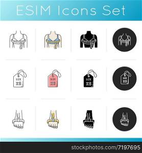 Body measuring and size label icons set. Linear, black and RGB color styles. Foot joint dimensions and bust circumference for bespoke garments. Extra small size tag isolated vector illustrations