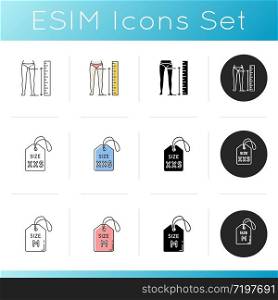 Body measuring and size tags icons set. Linear, black and RGB color styles. Inside leg length determination for bespoke pants. Medium and XXS size labels isolated vector illustrations