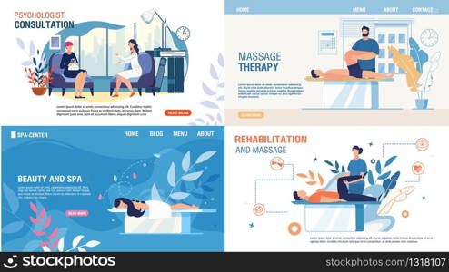 Body Mental Therapy and Rehabilitation Services Set. Flat Landing Page for Professional Recovery Massage, Medical Consultation, Psychologist Counseling, Beauty and Spa Services. Vector Illustration. Body Mental Therapy Rehabilitation Services Set