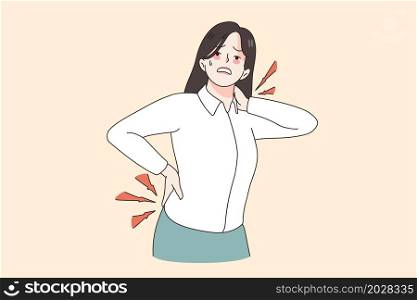 Body pain and injury concept. Stressed woman office worker standing suffering from neck and back pain touching body vector illustration. Body pain and injury concept
