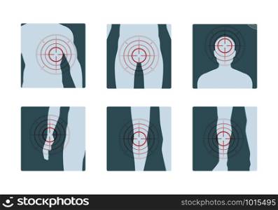 Body pain. Concentric red rings of painful human parts analgesic vector concept pictures. Illustration of focus pulsatory pain. Body pain. Concentric red rings of painful human parts analgesic vector concept pictures