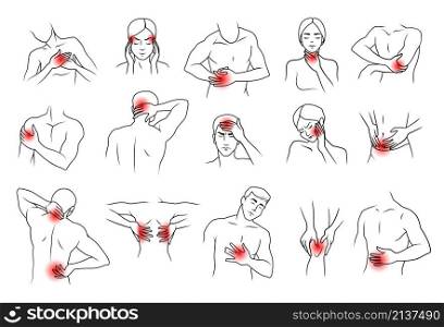 Body pain icon. Human muscle neck back joint and elbow chronic ache. Painful symptoms of disease. Inflammation and injury red points. Medical infographic. Vector anatomy line sketch isolated set. Body pain icon. Human muscle neck back joint and elbow chronic ache. Painful symptoms of disease. Inflammation and injury points. Medical infographic. Vector anatomy sketch isolated set
