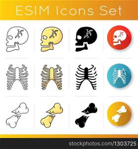 Body part injuries icons set. Rib, bone fracture. Broken skull. Medical condition. Treatment. Linear, black and RGB color styles. Linear black and RGB color styles. Isolated vector illustrationss