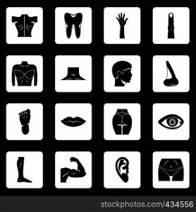 Body parts icons set in white squares on black background simple style vector illustration. Body parts icons set squares vector