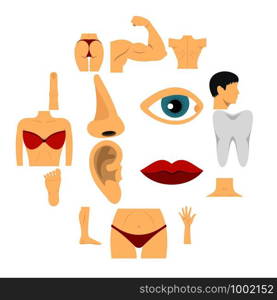 Body parts set icons in flat style isolated on white background. Body parts set flat icons