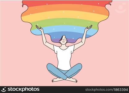 Body positive and health care concept. Happy smiling young woman sitting in lotus position and opening her arms to rainbow and sky creating good vibes vector illustration . Body positive and health care concept