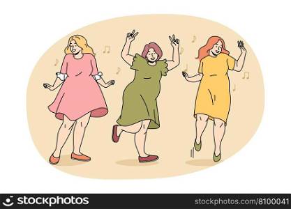 Body positive and lifestyle concept. Group of happy cheerful young women plus size obsolete dancing having fun enjoying life together vector illustration. Body positive and lifestyle concept.