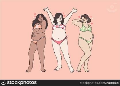 Body positive and self love concept. Group of positive overweight women im swimsuits standing and feeling free and relaxed enjoying their bodies vector illustration . Body positive and self love concept.