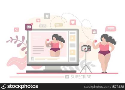 Body positive banner with beautiful plump girl. Cute extra weight woman makes video content for her blog. Camera on tripod. Display shows online channel about healthy food and losing weight. Flat Vector