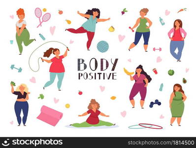 Body positive concept. Fat woman, plus size models yoga training. Positivity healthy overweight person, fun fitness decent vector characters. Illustration woman fat body, different positive things. Body positive concept. Fat woman, plus size models yoga training. Positivity healthy overweight person, fun fitness decent vector characters