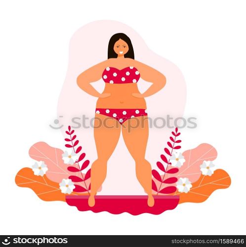 Body positive concept vector. Happy plus size girl wearing swimsuit and smiling. Active healthy lifestyle illustration.. Body positive concept vector. Happy plus size girl wearing swimsuit and smiling. Active healthy lifestyle