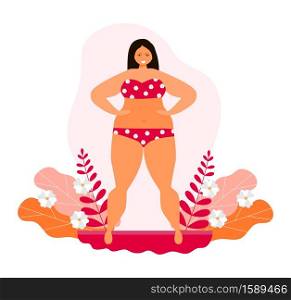 Body positive concept vector. Happy plus size girl wearing swimsuit and smiling. Active healthy lifestyle illustration.. Body positive concept vector. Happy plus size girl wearing swimsuit and smiling. Active healthy lifestyle